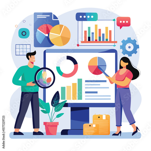 People analyzing charts and graphs data analysis illustration