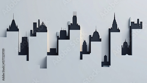 Gray Background City Skyline Architectural Design Dark Silhouettes Buildings Cutout