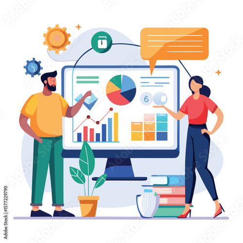 People analyzing data on computer screen flat design
