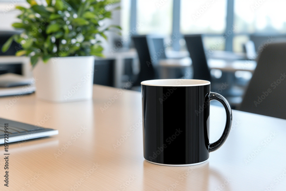 Home office setup featuring a laptop and coffee mug on a desk Home office setup featuring a laptop and coffee mug on a desk