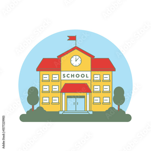 A bright, cartoon illustration of a school building with a flag.