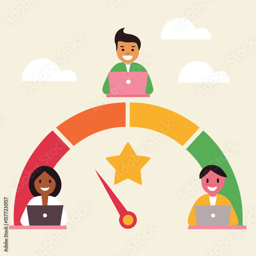People working on laptops with progress meter flat design