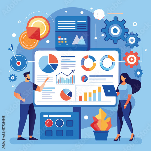 Professionals analyzing data with charts and gears