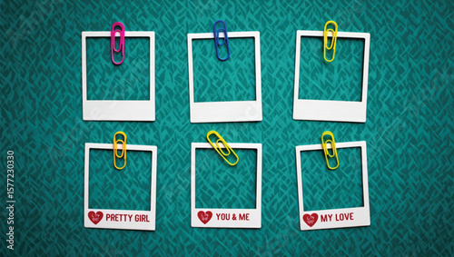 Six Blank White Polaroid Frames Teal Background Colorful Paperclips Love Messages
