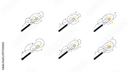 Six Illustrations of a Black Wand with Golden Tip Casting Yellow and Gold Magic Spells
