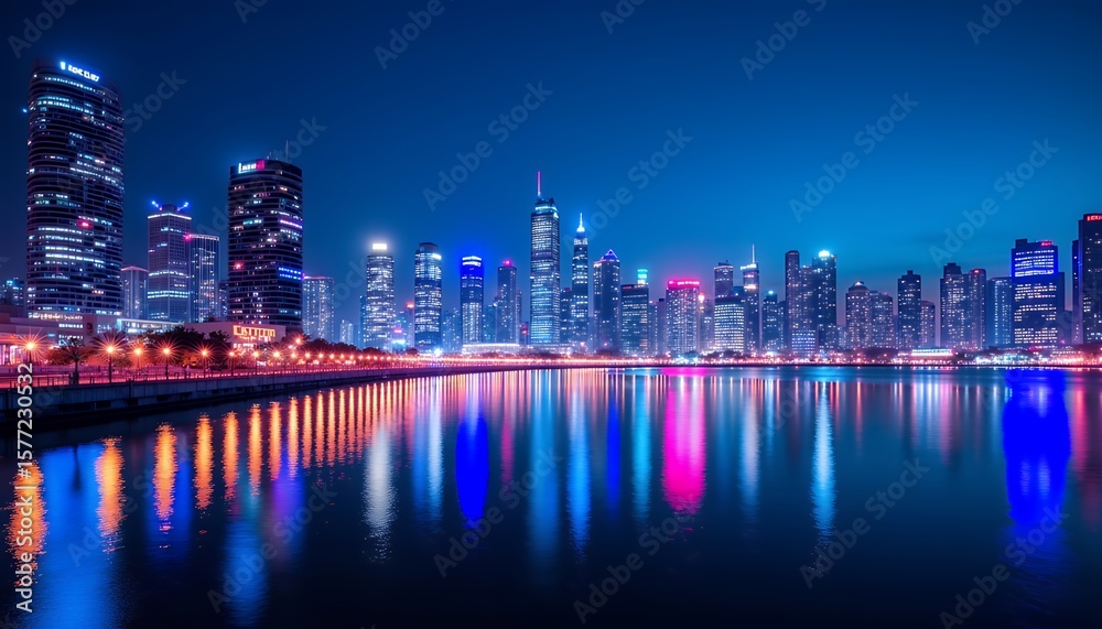 Fototapeta premium Luminous Cityscape at Night: Colorful Skyscrapers Reflected in Water