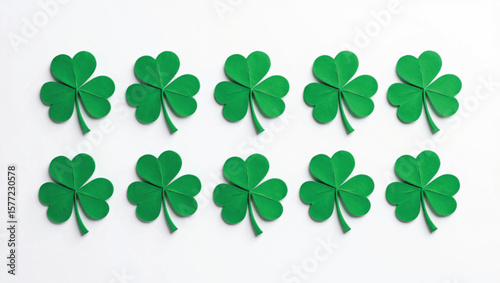 Twelve Bright Green Shamrocks Arranged in Rows on White Background St Patricks Day Design
