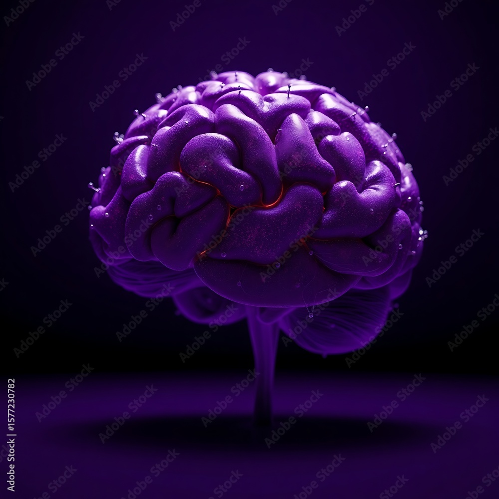 A stylized purple brain with water droplets and pins on a dark background in a studio setting A stylized purple brain with water droplets and pins on a dark background in a studio setting