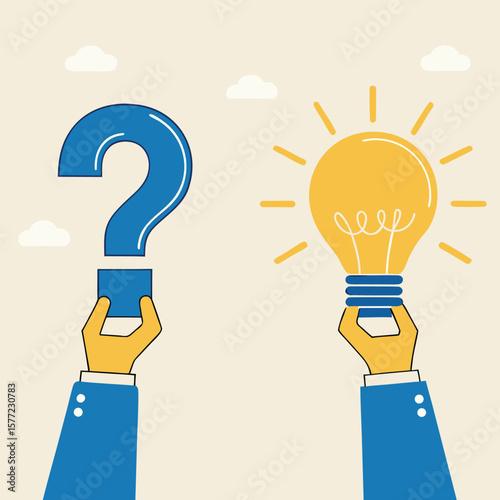 Question mark and lightbulb idea flat design illustration