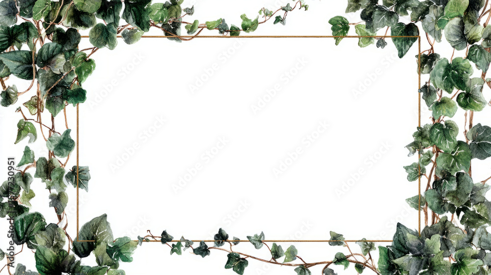 Fototapeta premium Watercolor ivy vines curling around a frame minimal on white