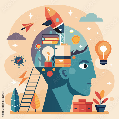 Stylized brain with rocket and lightbulb flat illustration