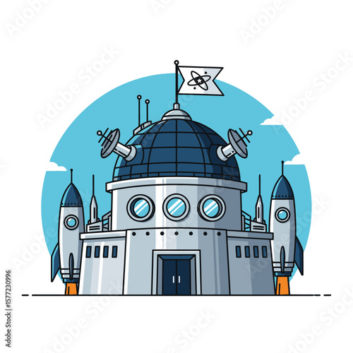 Cartoon illustration of a futuristic space station with rockets, satellite dishes, and a flag with an atom symbol.