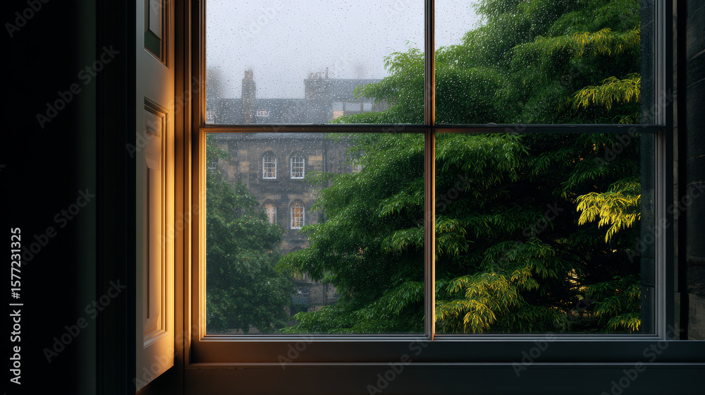 Naklejka premium Rainy Night Vista Through Highrise Window Over Lush Summer City