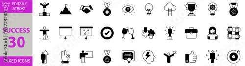 Success mixed icon set. Containing Vector pictograms of growth, target, thumbs, leadership, diploma, motivition, training, support, business, solution and more editable icons. Victor Illustration.
