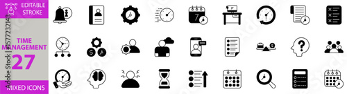 Time Management icon set. Containing Vector pictograms of time, clock, deadline, analysis, list, team work, week, fast time, productive, timmer, alarm and more editable icons. Victor Illustration.