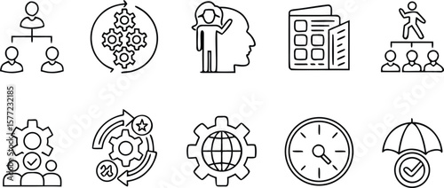 Collection of business and management icons representing teamwork process strategy and time management isolated on transparent background