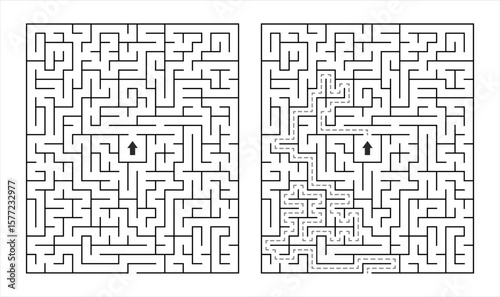 Rectangular maze with solution – black and white vector puzzle from center to edge, clean line art for printable worksheets, logic games, activity books for kids and adults
