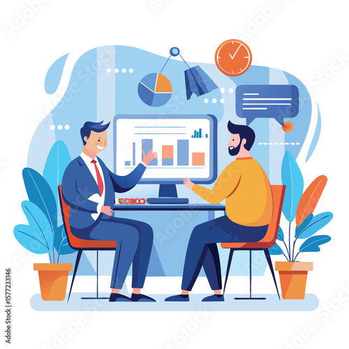 Business meeting with data charts and plants collaboration