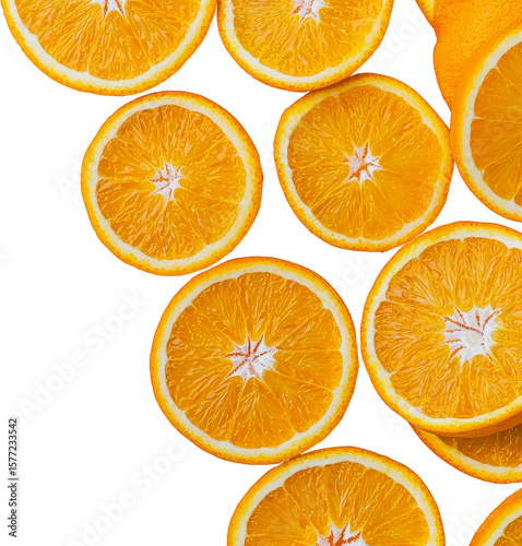 Sliced oranges arranged on a white background. Raw material.