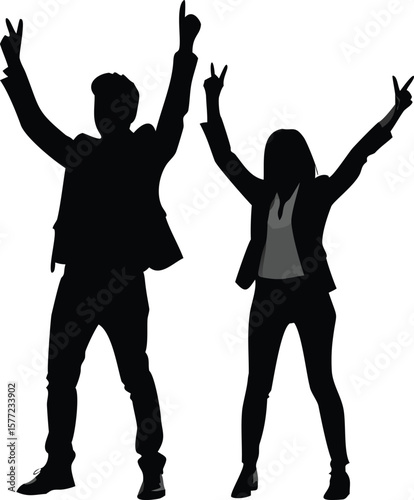 Silhouetted man and woman celebrating success with arms raised, isolated on Transparent background
