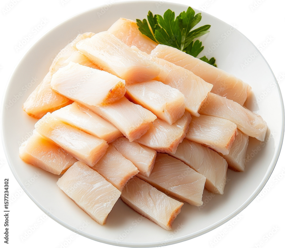 Slices of fish on a plate with a garnish of parsley. Raw material. Slices of fish on a plate with a garnish of parsley. Raw material.