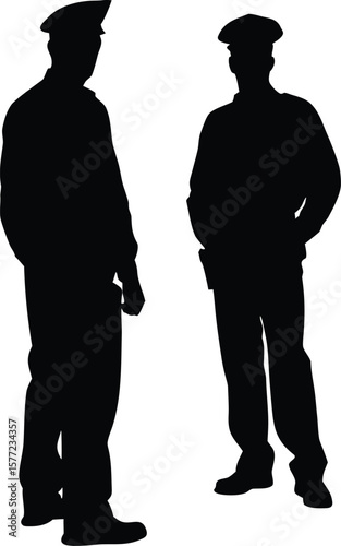 Two police officers stand in silhouette isolated on Transparent background
