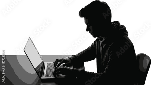 Silhouette of a male professional typing on a laptop, representing focus, productivity, and digital work.
