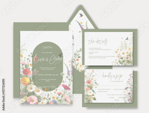 Watercolor wedding invitation with hand drawn wild botanical flowers and leaves.