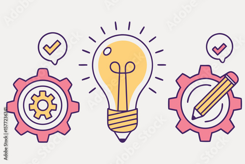 Idea Generation Process Icons: Lightbulb, Gears, and Checkmarks