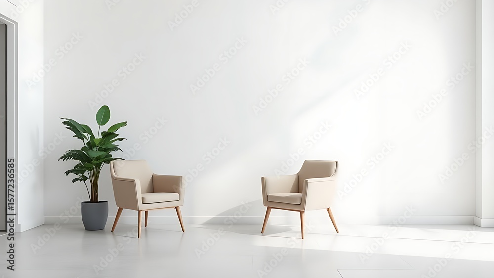 Fototapeta premium An elegant reception area featuring a single chair and a decorative plant against a clean white wall.