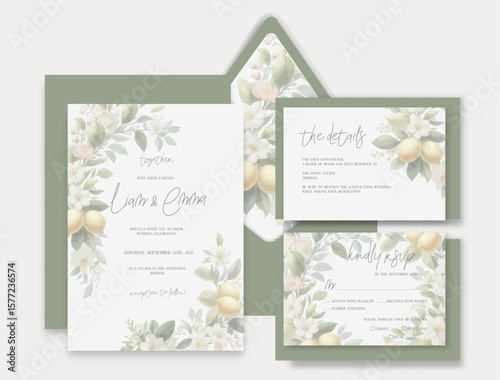 Watercolor wedding invitation with yellow lemons and green leaves brunch in Italian style.