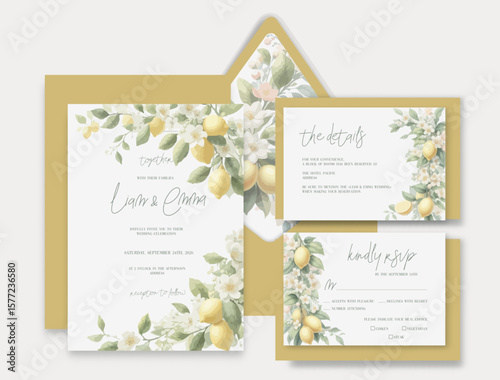 Watercolor wedding invitation with yellow lemons and green leaves brunch in Italian style.