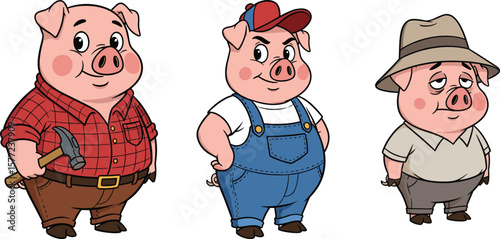Cartoon pigs characters, construction worker pig, farmer pig, explorer pig, children vector art, animal clipart, cute funny professions illustration