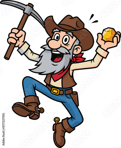Excited cartoon prospector jumping with gold nugget, cowboy hat and boots, mining adventure, animated character, treasure hunt, pickaxe, energy burst