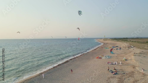 Kitesurfers Enjoying a Windy Day on a Sandy Beach – Aerial View, Lefkada Island