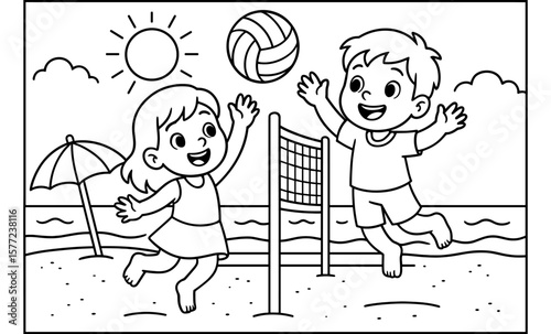 Beach fun: kids playing beach volleyball under the sun - coloring page