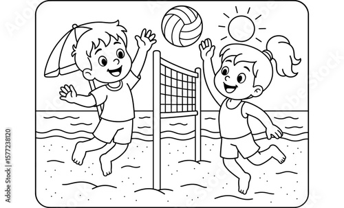 Kids playing beach volleyball: fun summer coloring page for children