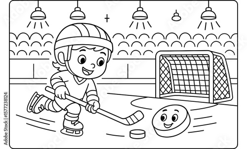 Child playing ice hockey: fun coloring page with enthusiastic player and friendly puck