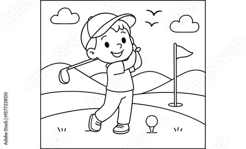 Cute cartoon kid playing golf on a sunny day for coloring book