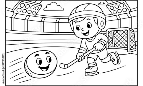 Child playing hockey with smiling puck in coloring book scene