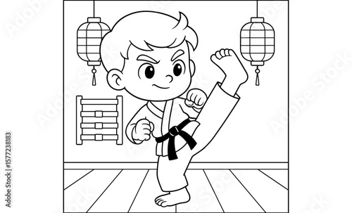 Kid practicing martial arts in dojo with lanterns and wooden rack