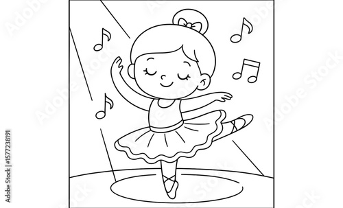 Adorable ballerina coloring page for kids featuring musical notes