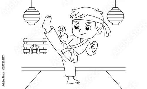 Cute cartoon kid practicing karate in training room