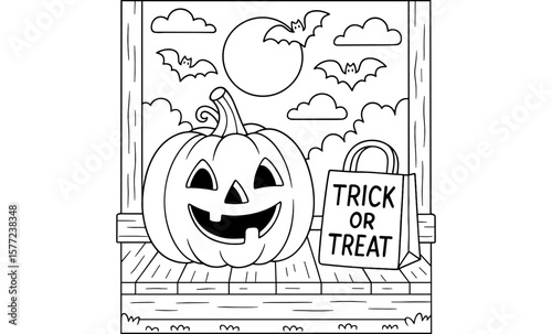 Charming halloween coloring page with pumpkin and trick or treat bag on porch