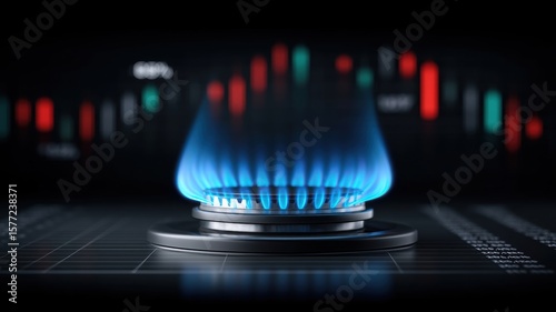 Energy stock gas trading. Blue gas flame on a stove with stock market charts in the background.