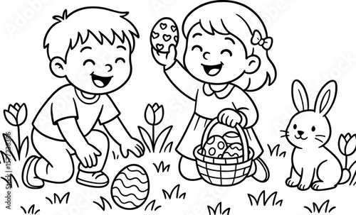 Children's easter egg hunt coloring page with bunny and flowers