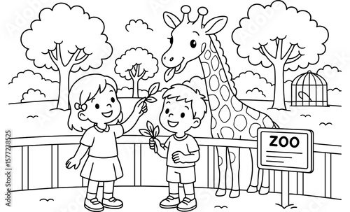Children feeding a giraffe at the zoo in a fun coloring page for kids