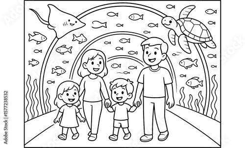 Family adventure in aquarium tunnel with marine life