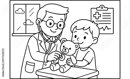 Doctor listening to teddy bear's heartbeat in child's playcheck room outline art