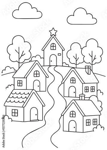 Coloring book page Cozy village with houses and road under blue sky